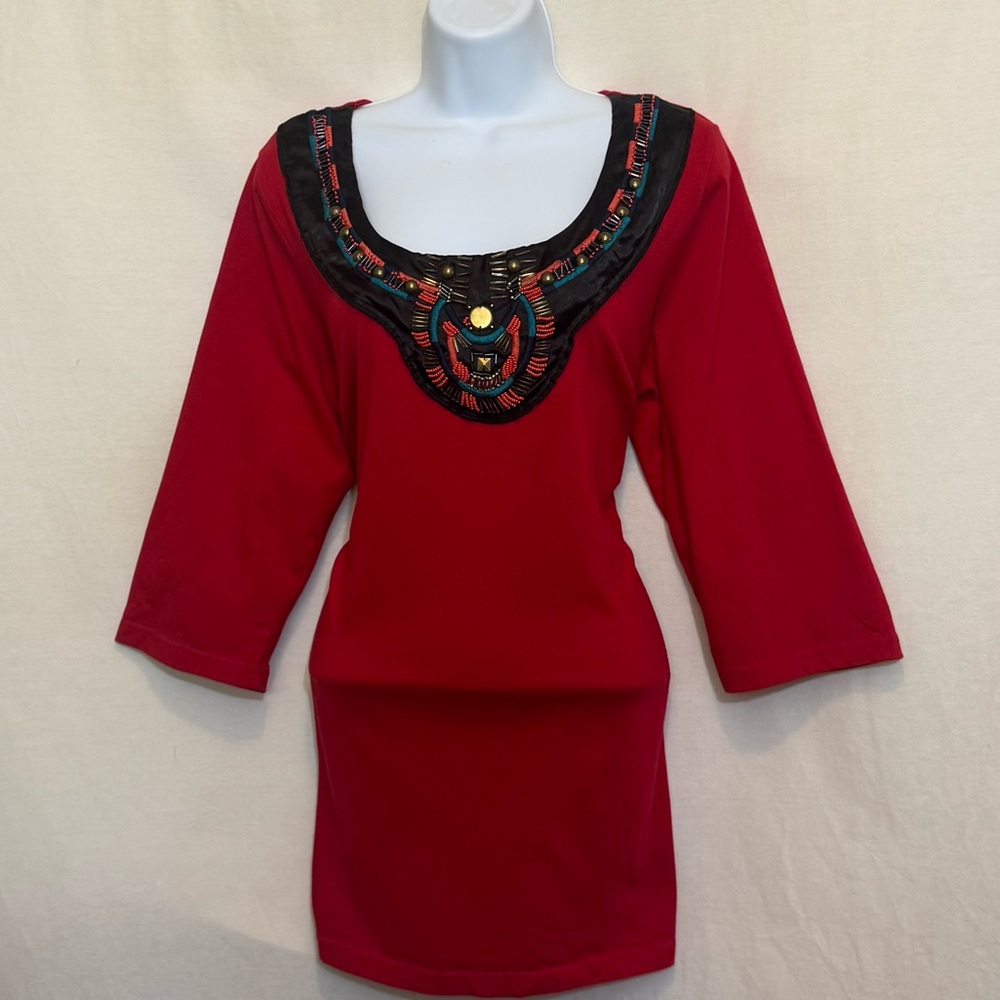 G-104 Denim 24/7 Red Beaded & Embroidered 1/2 Sleeve Pullover Blouse Size L